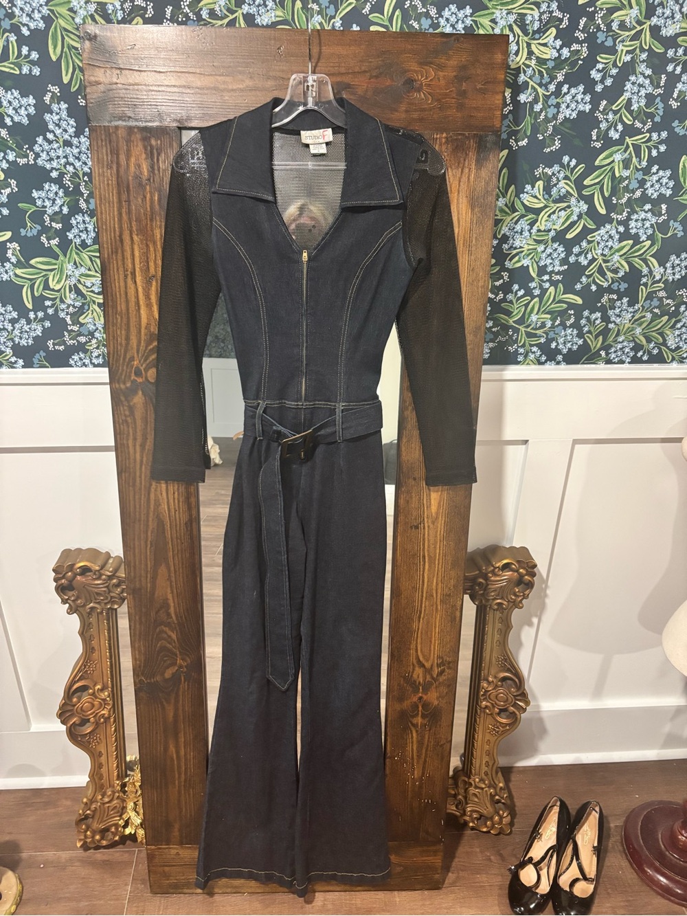 Y2K Studio F U.s.a Fishnet Open Back Dark Wash Denim Belted Jumpsuit Size Small